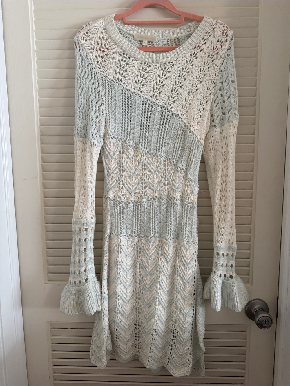 LoveShackFancy Pale Blue & Cream Knit Long Sleeve Dress